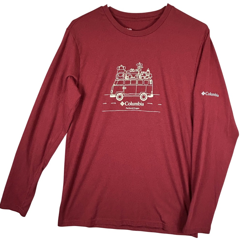 Columbia Mens Long Sleeve Graphic Tee Burgundy Red Travel Van Portland Oregon M